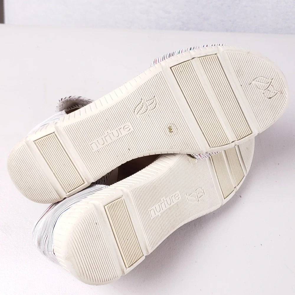 Nurture Womens 9M Multi Color Striped Leather Wedge Sandals Hook‎ Loop Strap